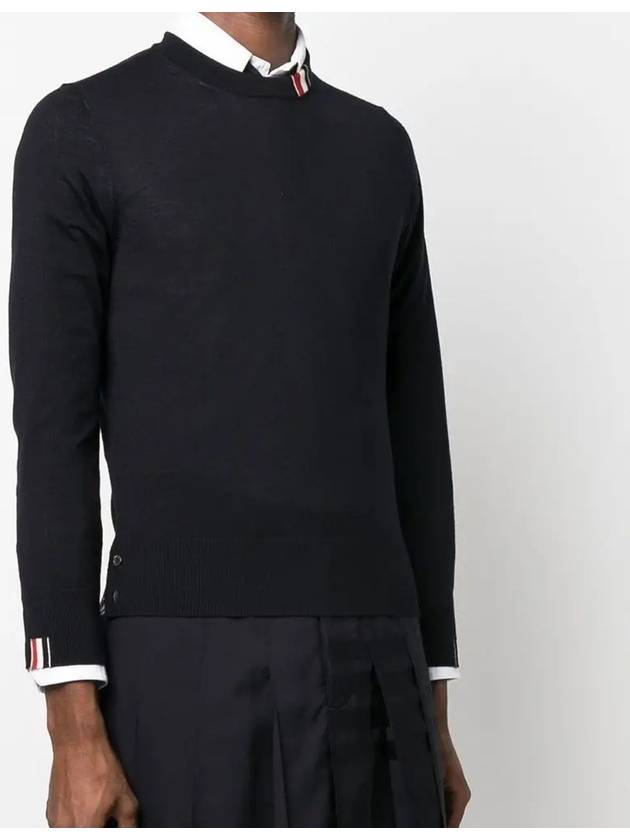 Intarsia Stitch Crew Neck Merino Wool Knit Top Navy - THOM BROWNE - BALAAN 3