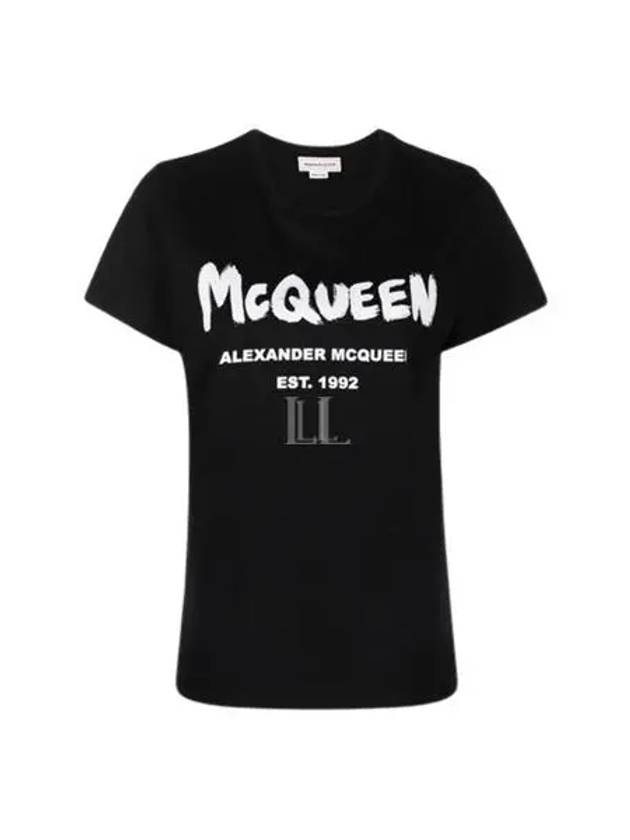 Women's Graffiti Logo Short Sleeve T-Shirt Black - ALEXANDER MCQUEEN - BALAAN 2