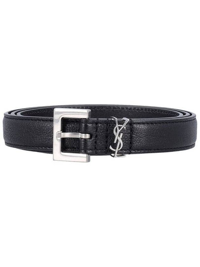 Men's Monogram Silver Buckle Leather Belt Black - SAINT LAURENT - BALAAN 2