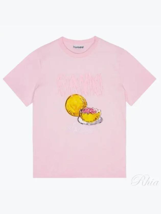 Logo Applique Graphic Print Short Sleeve T Shirt Pink - GANNI - BALAAN 2