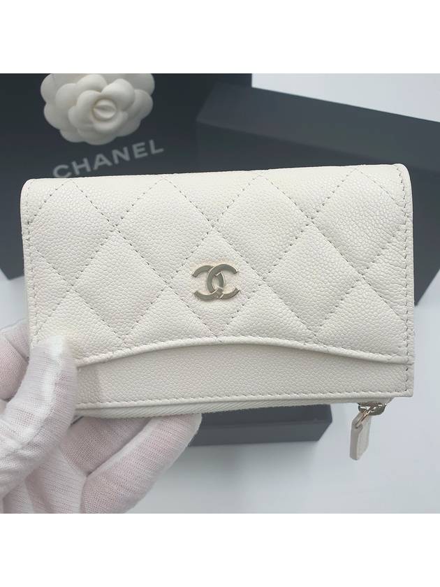 CC Logo Gold Hardware Caviar Zipper Card Wallet White - CHANEL - BALAAN 3