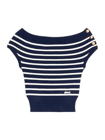 Off Shoulder Striped Knit Top Navy - AMI - BALAAN 1