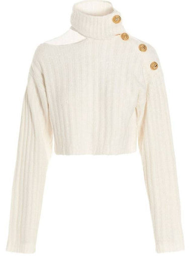 High-Neck Cut-Out Button Ribbed Knit Turtleneck White - BALMAIN - BALAAN 1