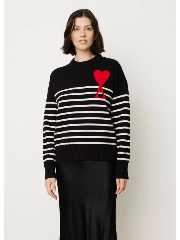 Paris Big Heart Embroidered Logo Wool Knit Top Black - AMI - BALAAN 2