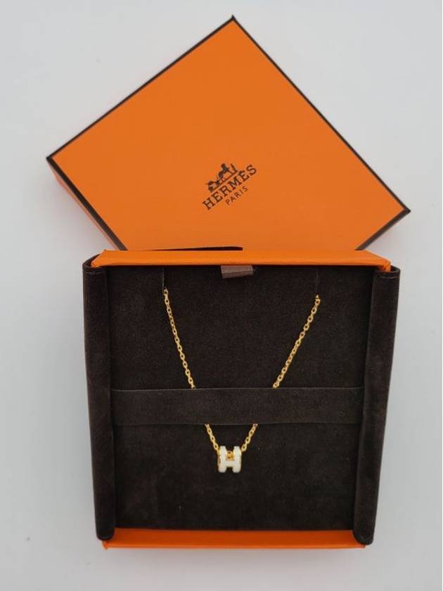 Mini Pop H Pendant Necklace Gold Blanc White - HERMES - BALAAN 3