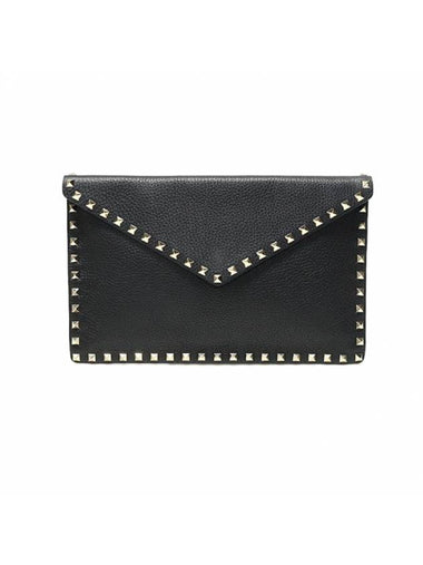 Women s Valentino 2W2P0P56VSH0NO Black Stampa Alce Calfskin Gold Rockstud Envelope Pouch Clutch gt Gangbuk used luxury goods - VALENTINO - BALAAN 1