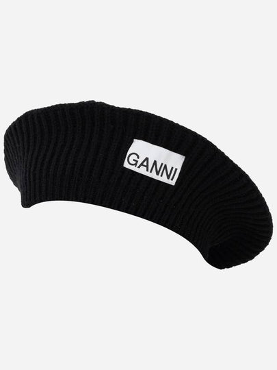 Logo Rib Edge Wool Beret Black - GANNI - BALAAN 2