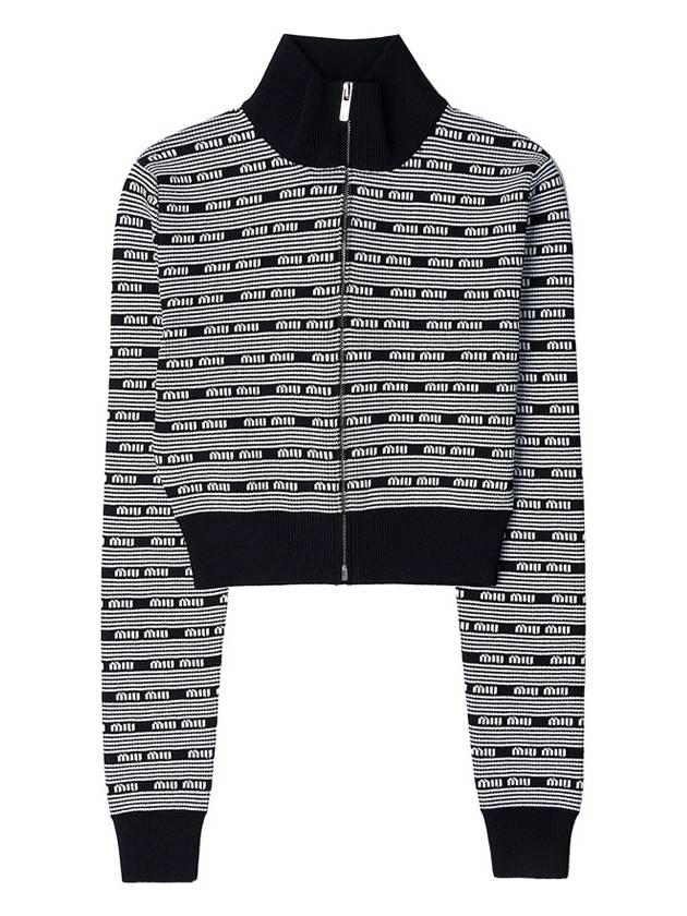 Striped Logo Viscose Turtleneck Cardigan Black White - MIU MIU - BALAAN 2