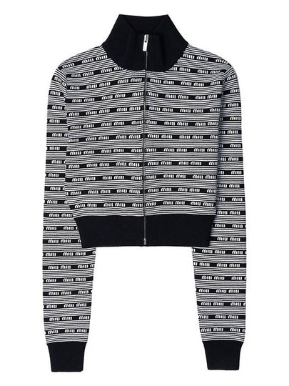 Striped Logo Viscose Turtleneck Cardigan Black White - MIU MIU - BALAAN 2