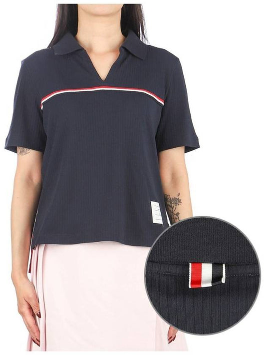 Three Stripes High Twist Rib Polo Shirt Navy - THOM BROWNE - BALAAN 2