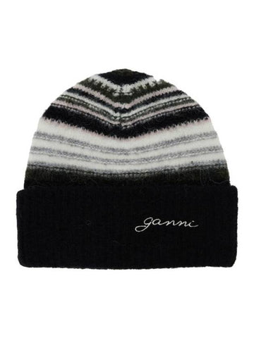 Stripe Soft Wool Beanie Black - GANNI - BALAAN 1