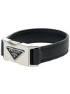 Triangle Logo Buckle Saffiano Leather Bracelet Black - PRADA - BALAAN 2