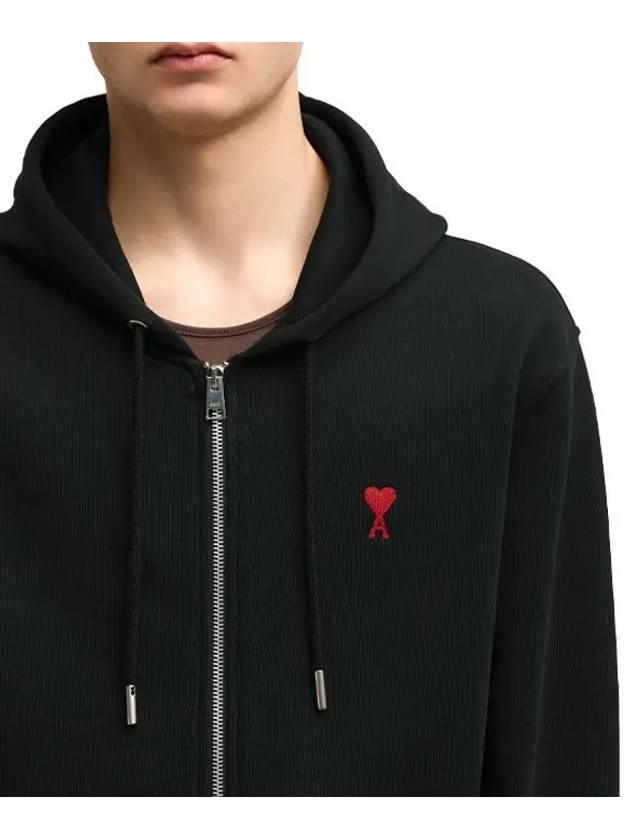 Heart Logo Drawstring Cotton Zip-Up Hoodie Black - AMI - BALAAN 4