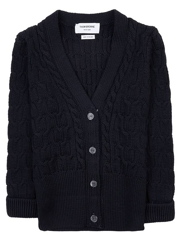 Merino Wool Crisscross Cable Stitch 3/4 Sleeve V-Neck Cardigan Navy - THOM BROWNE - BALAAN 3