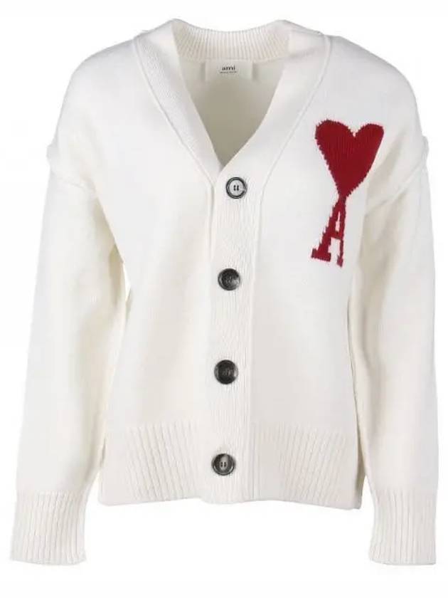 Heart Logo V Neck Wool Cardigan Off White - AMI - BALAAN 2