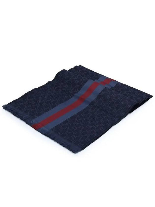 GG three stripes wool silk muffler navy - GUCCI - BALAAN.