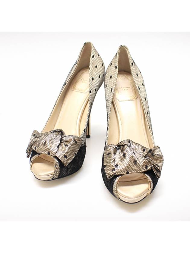 Women s Dior Christian Metallic Beige Satin Polka Dot Veil Ribbon Open Toe High Heels 37 5 gt shoes Gangbuk used luxury goods - DIOR - BALAAN 1