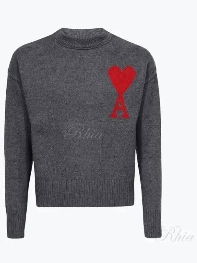 Intarsia Big Heart Logo Wool Knit Top Grey - AMI - BALAAN 2