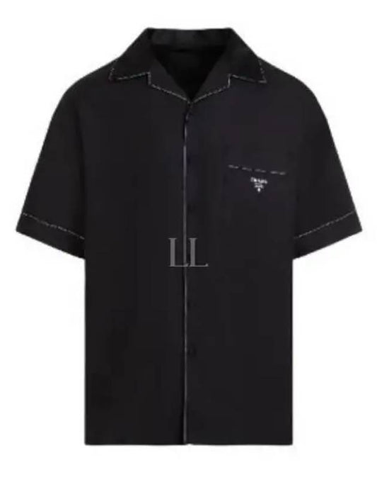 Logo Stitch Detail Silk Short Sleeve Shirt Black - PRADA - BALAAN 2