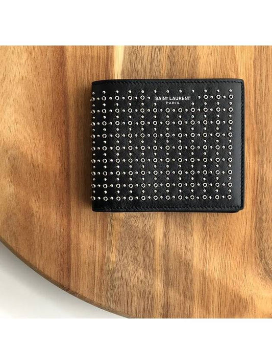 Men's Studded Calf Leather Half Wallet Black - SAINT LAURENT - BALAAN 2