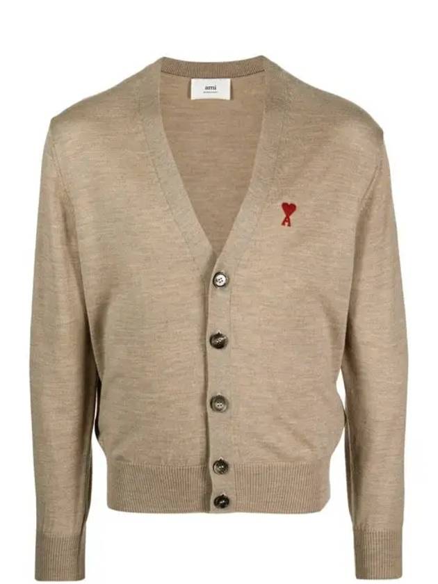 Red Heart Logo Merino Wool Cardigan Beige - AMI - BALAAN 5