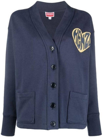 Heart V-Neck Buttoned Cotton Cardigan Navy - KENZO - BALAAN 1