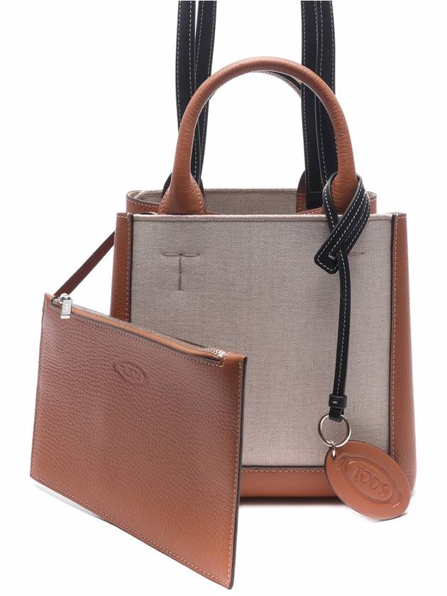 Double Up Leather Canvas Small Tote Bag Brown - TOD'S - BALAAN 3