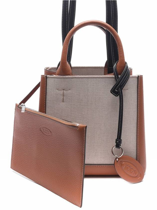 Double Up Leather Canvas Small Tote Bag Brown - TOD'S - BALAAN 2