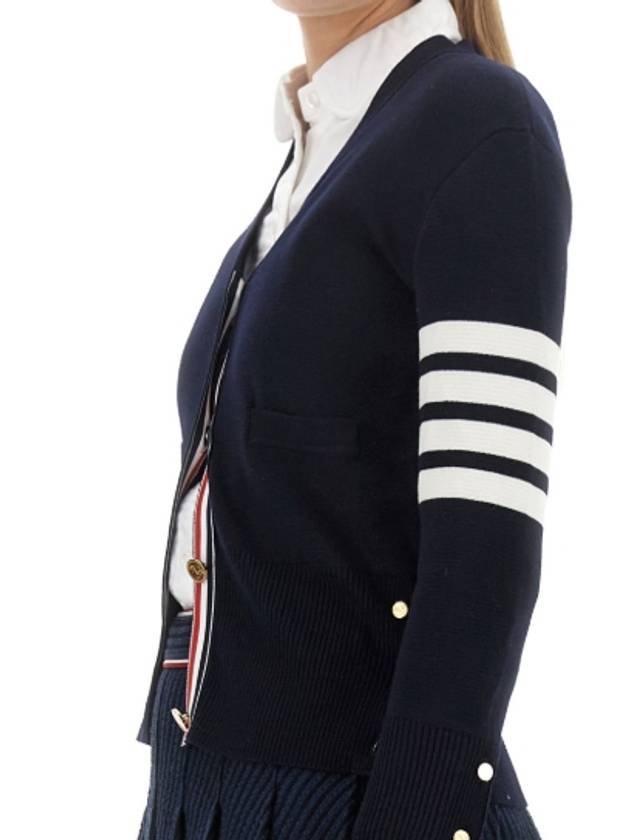 Milano Stitch 4 Bar Classic V Neck Fine Merino Wool Cardigan Navy - THOM BROWNE - BALAAN 4