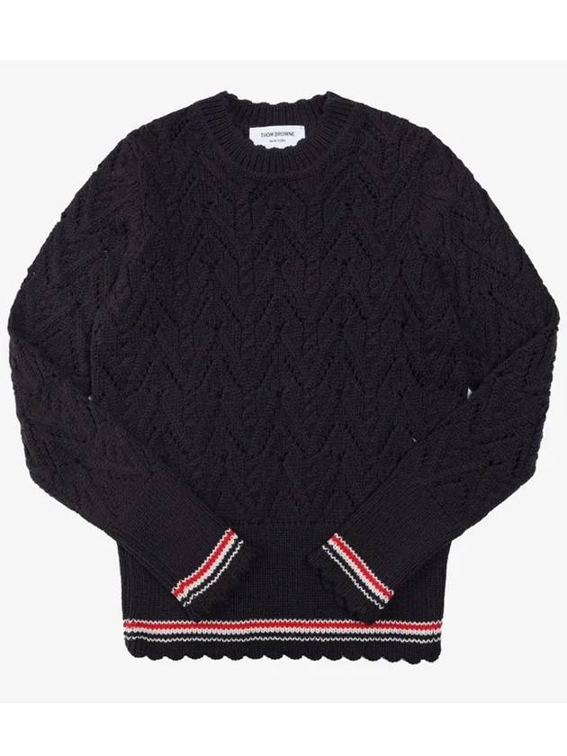 Women's Pointel Cable Merino Wool Pullover Knit Top Navy - THOM BROWNE - BALAAN 6