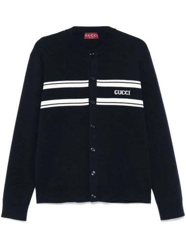 Striped Logo Crew Neck Wool Cashmere Cardigan Navy - GUCCI - BALAAN 1