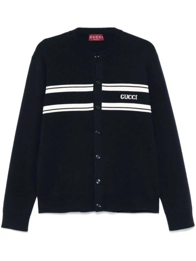 Striped Logo Crew Neck Wool Cashmere Cardigan Navy - GUCCI - BALAAN 1