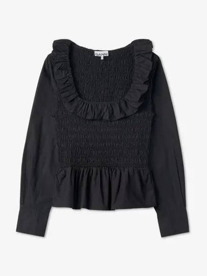 Poplin Ruffled Smoked Cotton Blouse Black - GANNI - BALAAN 2