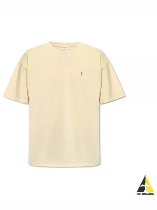 Embroidered Logo Short Sleeve T-Shirt Yellow - SAINT LAURENT - BALAAN 2