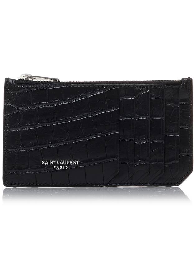 Crocodile Fragment Zipper Card Wallet Black - SAINT LAURENT - BALAAN 1