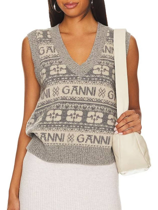 Multi Logo Striped Knit Vest Grey - GANNI - BALAAN 2