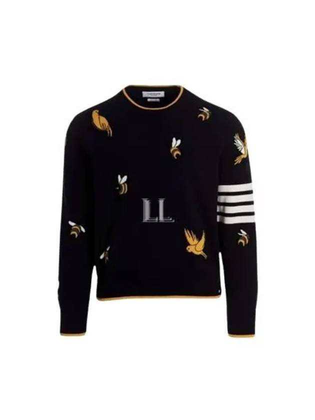 Cotton Merino Birds & Bees Intrasia 4 Bar Crew Neck Pullover Knit Top Navy - THOM BROWNE - BALAAN 2