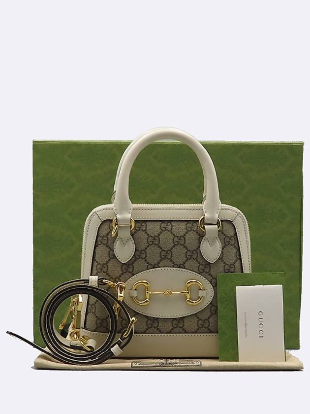 640716 White Leather Ebony GG Supreme Canvas Horsebit 1955 Mini Top Handle Tote Bag and Crossbody - GUCCI - BALAAN 1