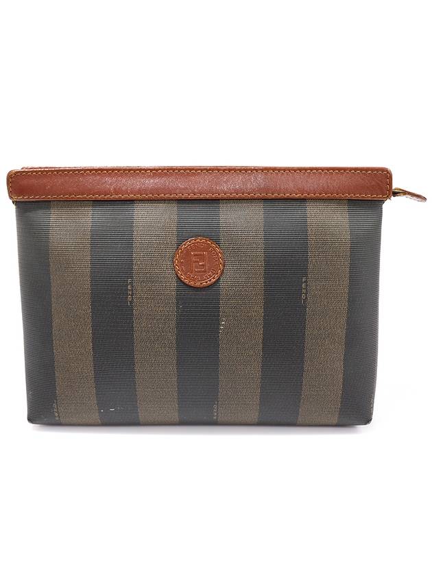 11808 PVC Pequin Stripe Brown Leather Clutch - FENDI - BALAAN 1