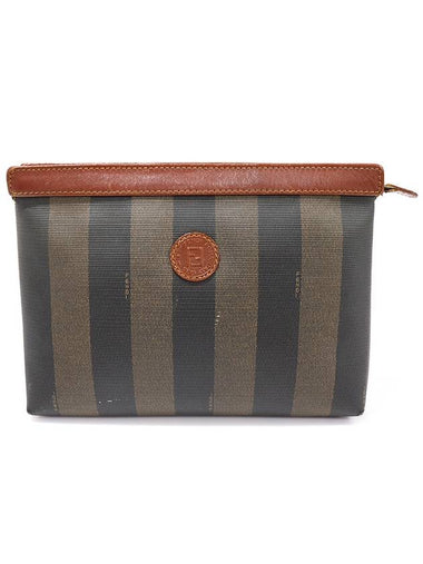 11808 PVC Pequin Stripe Brown Leather Clutch - FENDI - BALAAN 1