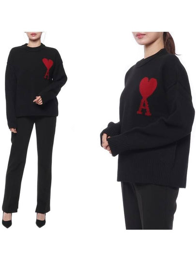 Intarsia Big Heart Logo Wool Knit Top Black - AMI - BALAAN 2