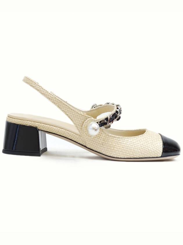 Pearl Embellished Patent Leather Raffia Slingback Pumps Tan Black - MIU MIU - BALAAN 3