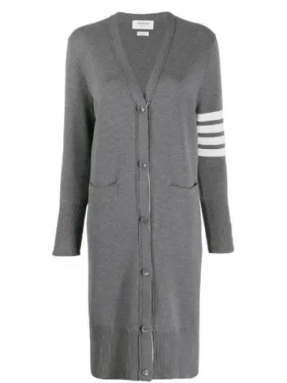 Cotton Crepe Milano Stitch 4-Bar Long V-Neck Cardigan Medium Grey - THOM BROWNE - BALAAN 2