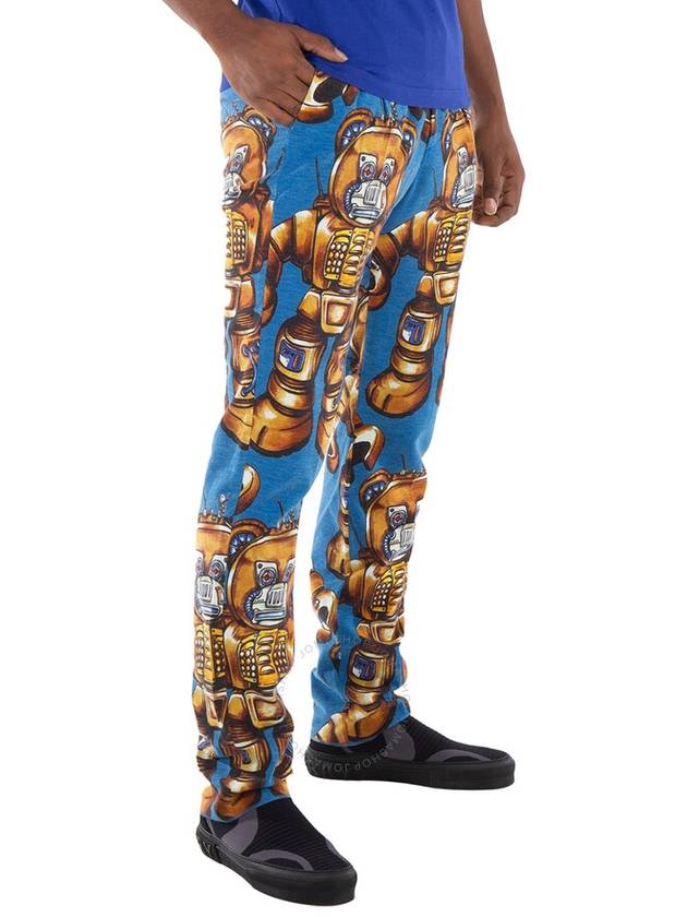 Men s Straight Pants Moschino Blue Allover Robot Print Cotton Trousers Brand Size 44 Waist 29 - MOSCHINO - BALAAN 4