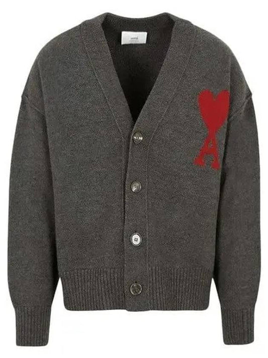 Heart Logo V Neck Wool Cardigan Heather Grey - AMI - BALAAN 2