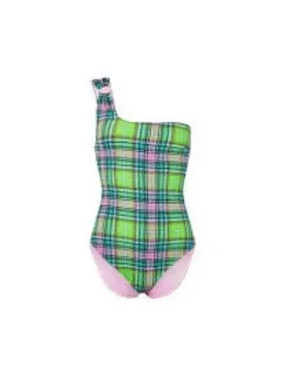 Women's Plaid Check Bottom One Shoulder One-Piece Swimsuit Green - GANNI - BALAAN 2