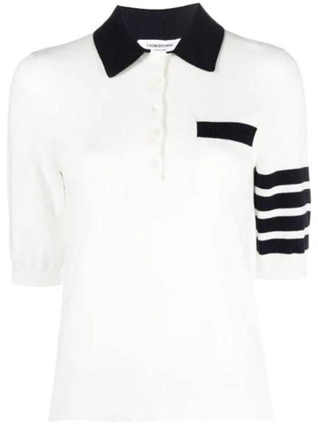 Cotton Hector Pointelle 4-Bar Polo Shirt White - THOM BROWNE - BALAAN 1