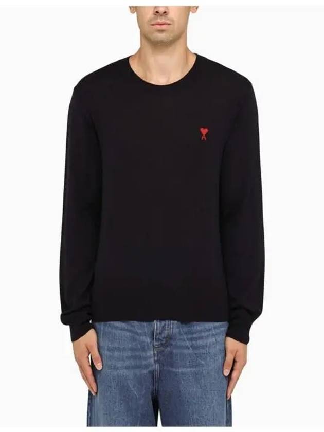 Heart Embroidered Logo Crew Neck Knit Top Black - AMI - BALAAN 3