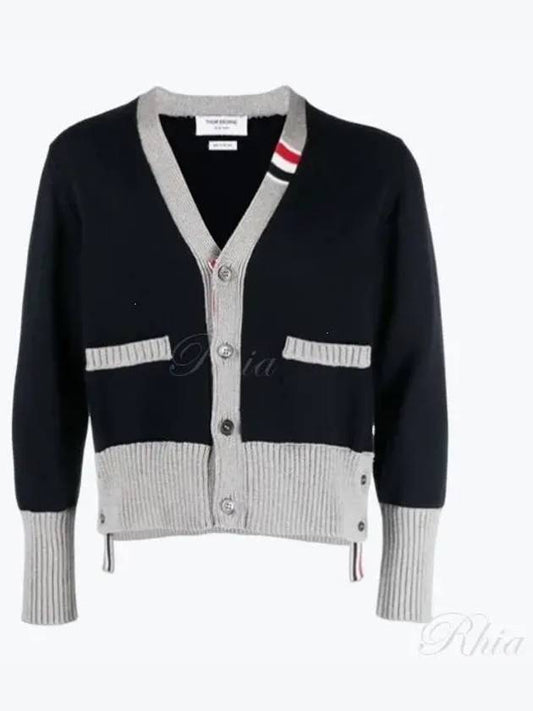 Three Stripe V Neck Cotton Cardigan Navy - THOM BROWNE - BALAAN 2