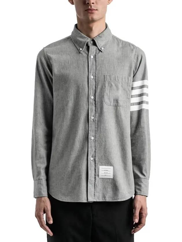 Men's Diagonal Shambray Print Nametag Straight Fit Long Sleeve Shirt Medium Grey - THOM BROWNE - BALAAN 3